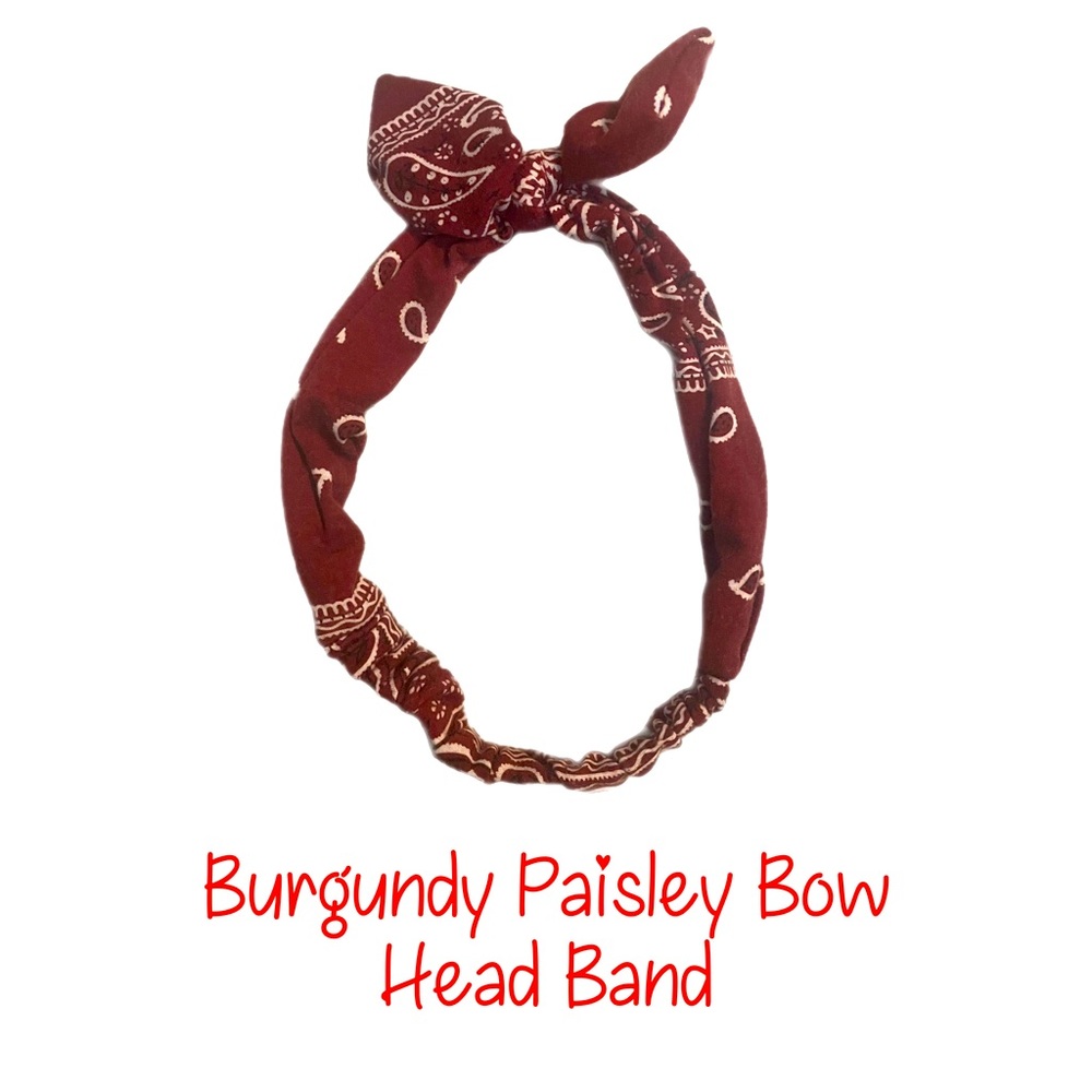 🪬 Burgundy Paisley Bandana Headband w/ Cute Bow 🎀